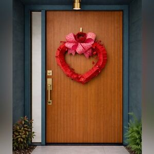 Custom Handmade Heart Shaped Valentine Wreath Red Ribbon Bow Rose Door Décor MWT